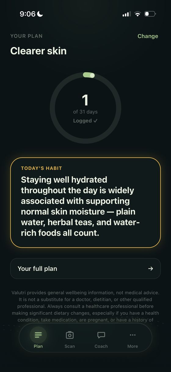Valutri plan screen with a consistency ring and today's habit