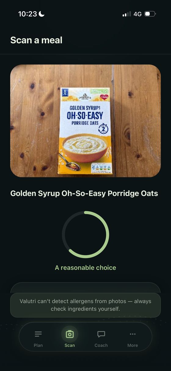 Valutri scan result rating porridge oats a reasonable choice for the user's goal
